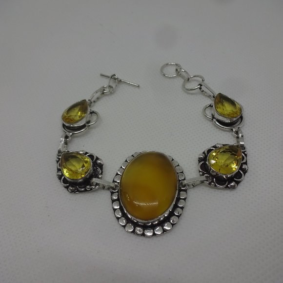 Natural "YELLOW ONYX & CITRINE" Handmade Sterling Bracelet Size 7 #259 - Picture 2 of 3